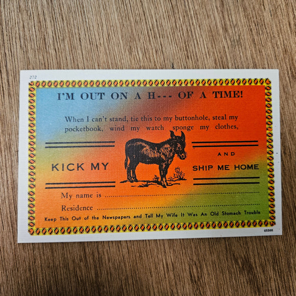 Ephemera - Carte Postale Vintage - I'm Out On A H... Of A Time ! 