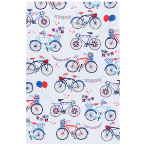Linge à Vaisselle "Stars & Spokes" Vélos festifs, bicyclettes, ballons, vire vent, banderoles tous de couleurs bleu, blanc, rouge