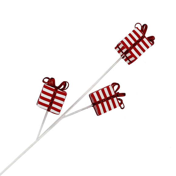 Branche décorative de Noël - Cadeaux rayés en velours - Rouge & blanc
