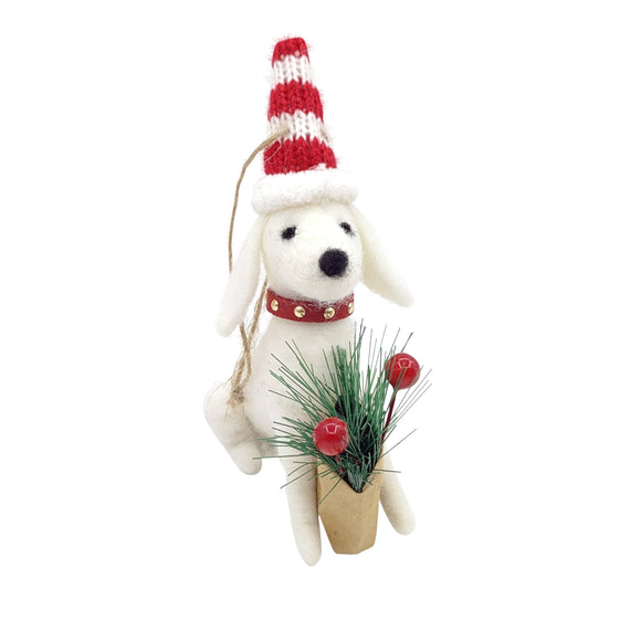 Ornement Chien en laine - Bonnet & Bouquet De Pin Et Baies