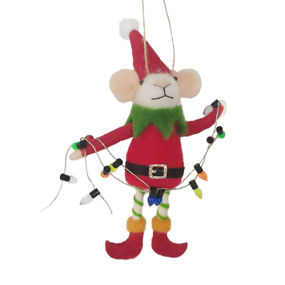Christmas Forever - Ornement Souris en Laine - Costume d'Elfe & Guirlandes Lumineuses
