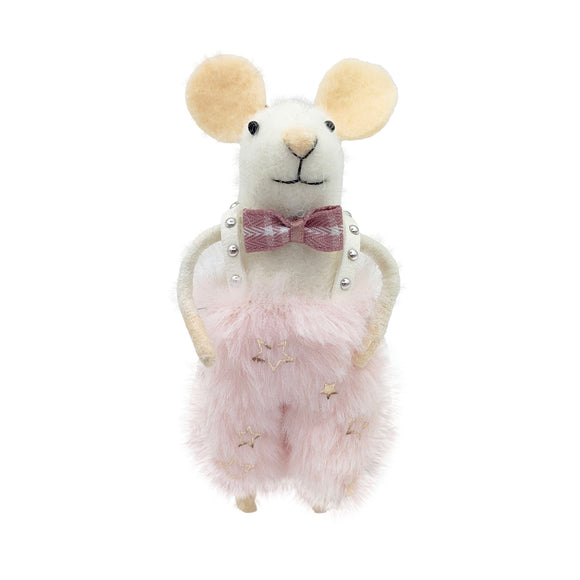 Ornement Souris en laine - Salopette en fourrure rose & Nœud papillon