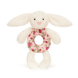 Jellycat Hochet De Dentition Lapin Crème En Éclosion De Fraises Blossom Cream Bunny Berry Ring Rattle Jellycat Face
