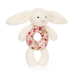 Jellycat Hochet De Dentition Lapin Crème En Éclosion De Fraises Blossom Cream Bunny Berry Ring Rattle Jellycat