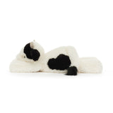 Peluche Jellycat Vache Noire Et Blanche Smudge Cow Original Couchée Sur Le Ventre De Profil