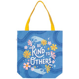 Fourre-Tout - Écritau "Be Kind To Others" blanc entouré 2 mains avec fleurs, sac bleu, ganse jaune