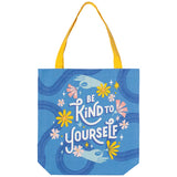 Fourre-Tout -  Écritau "Be Kind To Yourself" blanc entouré 2 mains avec fleurs, sac bleu, ganse jaune