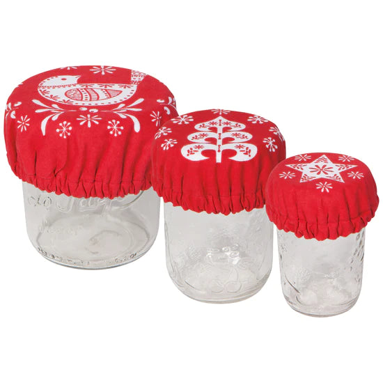 Trio de Mini Couvre Bols - Snowbird oiseaux migrateurs, Rouge avec motifs oiseau, sapin, étoile en blancblanc