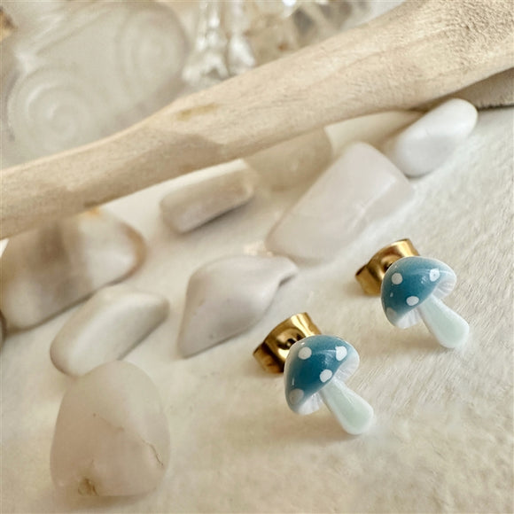 Pika_Bear-Argaic Boucle d'oreilles champignon porcelaine bleu