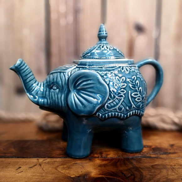 Théière bleue en céramique, en forme d’éléphant, mesure environ 11