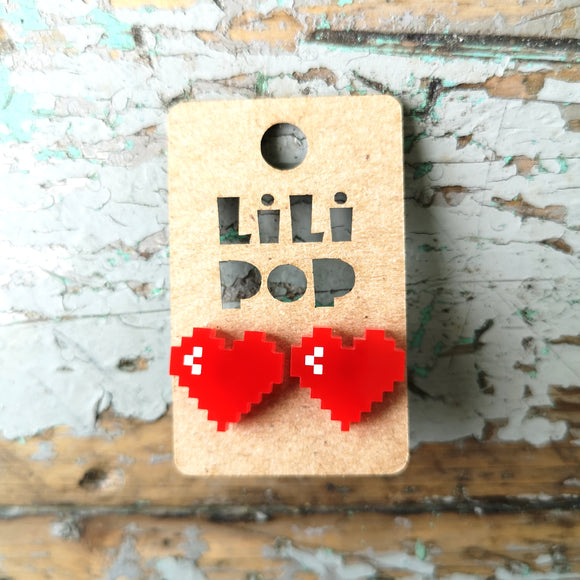 Créations Lili Pop Boucles D'oreilles Cœurs Pixels Rouges