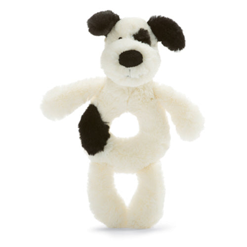 JellyCat Bashful Black And White Puppy Ring Rattle Hochet Chiot