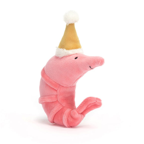 JellyCat Peluche Celebration Shrimp Crevette Chapeau Moutarde Face